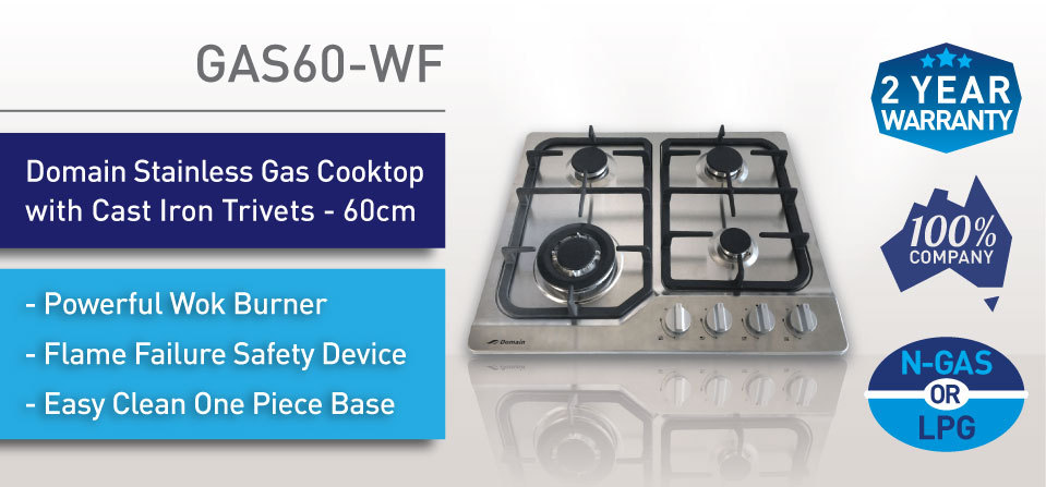 Domain 60cm Powerful 4 Burner S S Gas Cooktop Cast Iron Trivets